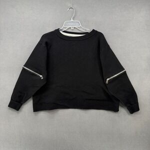 Zara Knit Sweater Black Zipper Sleeve Crew Neck Pullover Womens Small